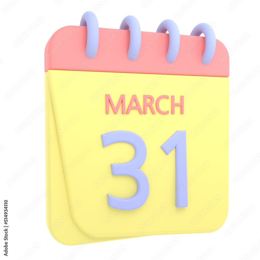 31st March 3D calendar icon. Web style. High resolution image. White background