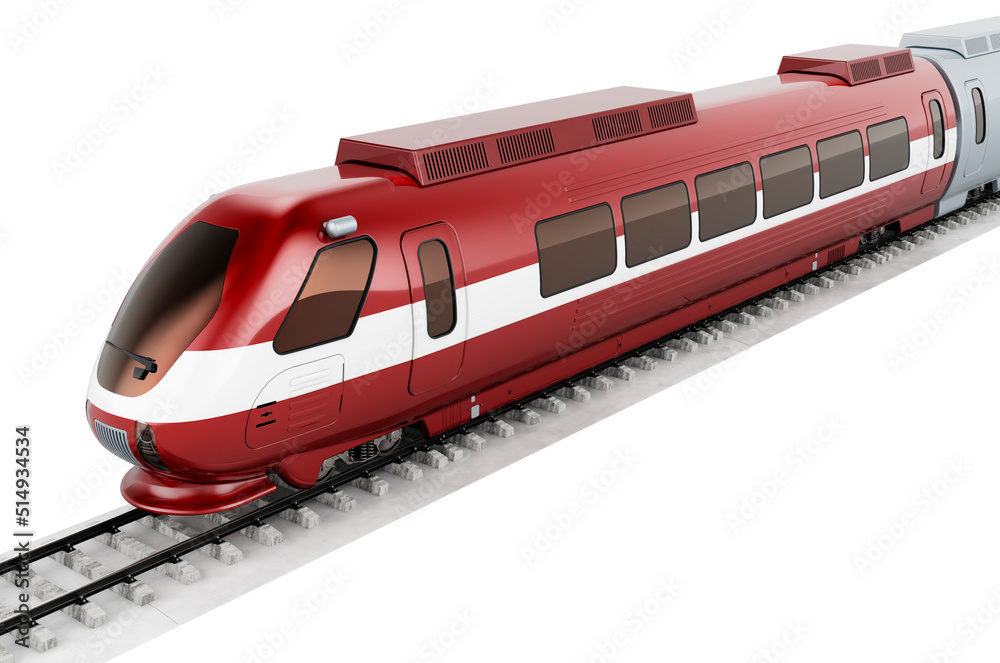 Latvian flag painted on the high speed train. Rail travel in the Latvia, concept. 3D rendering Latvian flag painted on the high speed train. Rail travel in the Latvia, concept. 3D rendering