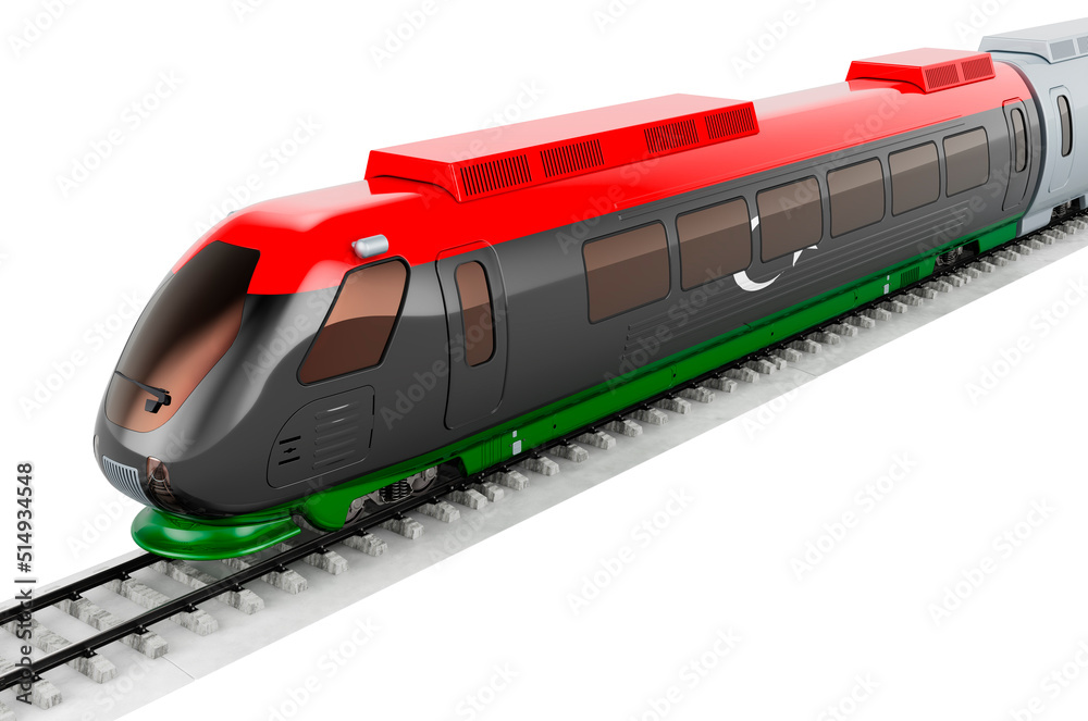 Libyan flag painted on the high speed train. Rail travel in the Libya, concept. 3D rendering Libyan flag painted on the high speed train. Rail travel in the Libya, concept. 3D rendering