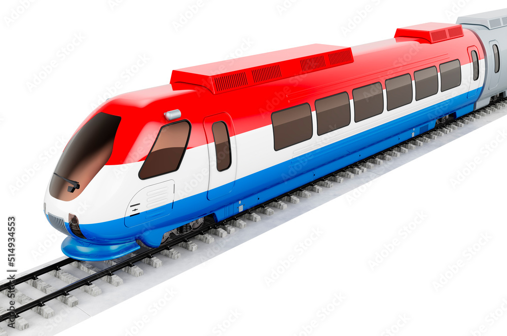 Luxembourgish flag painted on the high speed train. Rail travel in the Luxembourg, concept. 3D rendering Luxembourgish flag painted on the high speed train. Rail travel in the Luxembourg, concept. 3D rendering