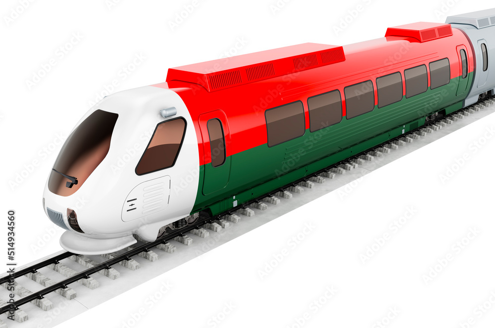 Madagascar flag painted on the high speed train. Rail travel in the Madagascar, concept. 3D rendering