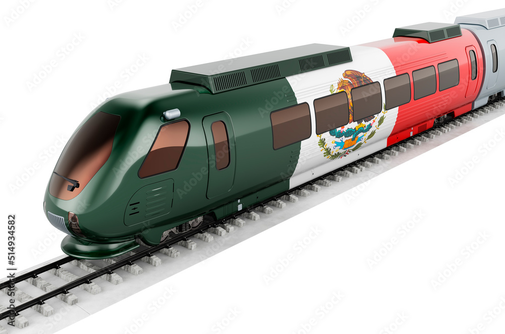 Mexican flag painted on the high speed train. Rail travel in the Mexico, concept. 3D rendering Mexican flag painted on the high speed train. Rail travel in the Mexico, concept. 3D rendering