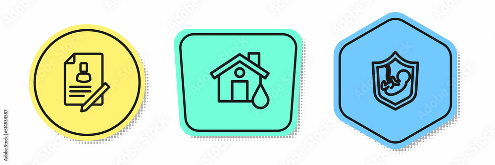 Set line Document with shield, House flood and Life insurance. Colored shapes. Vector Set line Document with shield, House flood and Life insurance. Colored shapes. Vector