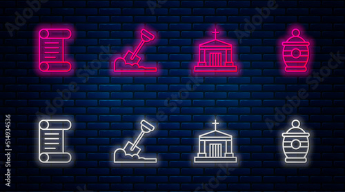 Set line Shovel in the ground, Old crypt, Decree, parchment, scroll and Funeral urn. Glowing neon icon on brick wall. Vector
