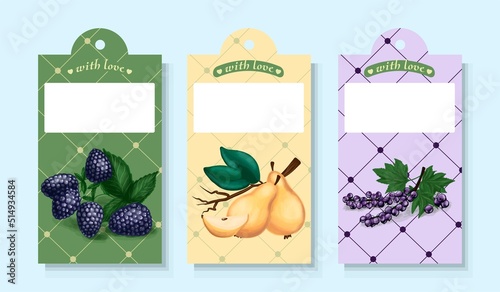  Tags for jars. Currant, goose and blackberry. Homemade jam. Kitchen emblems. Homemade home cooking