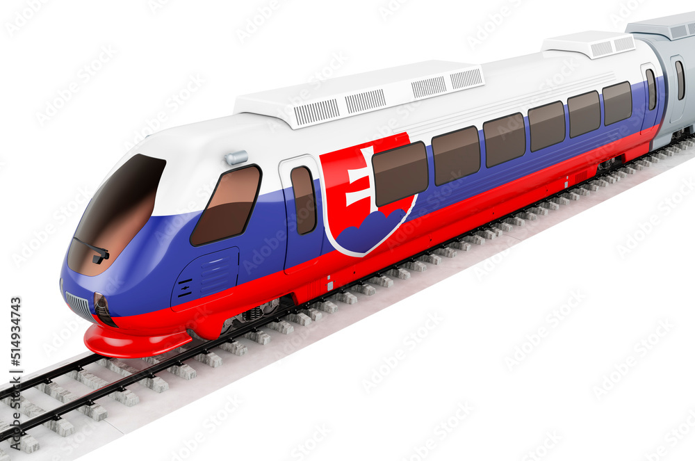 Slovak flag painted on the high speed train. Rail travel in the Slovakia, concept. 3D rendering Slovak flag painted on the high speed train. Rail travel in the Slovakia, concept. 3D rendering