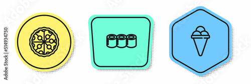Set line Pizza, Sushi and Ice cream in waffle cone. Colored shapes. Vector