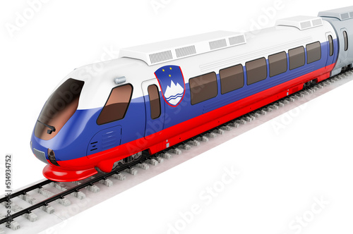 Slovenian flag painted on the high speed train. Rail travel in the Slovenia, concept. 3D rendering