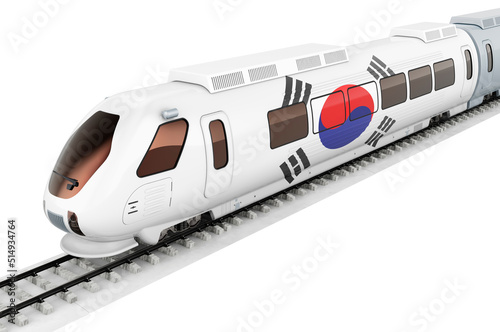 South Korean flag painted on the high speed train. Rail travel in the South Korea, concept. 3D rendering