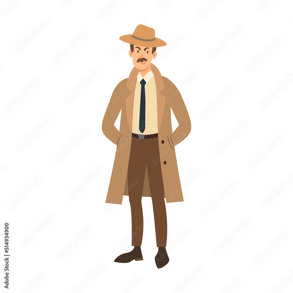 Private detective vector illustration. Cartoon character in coat and hat, investigator or inspector solving mystery isolated on white