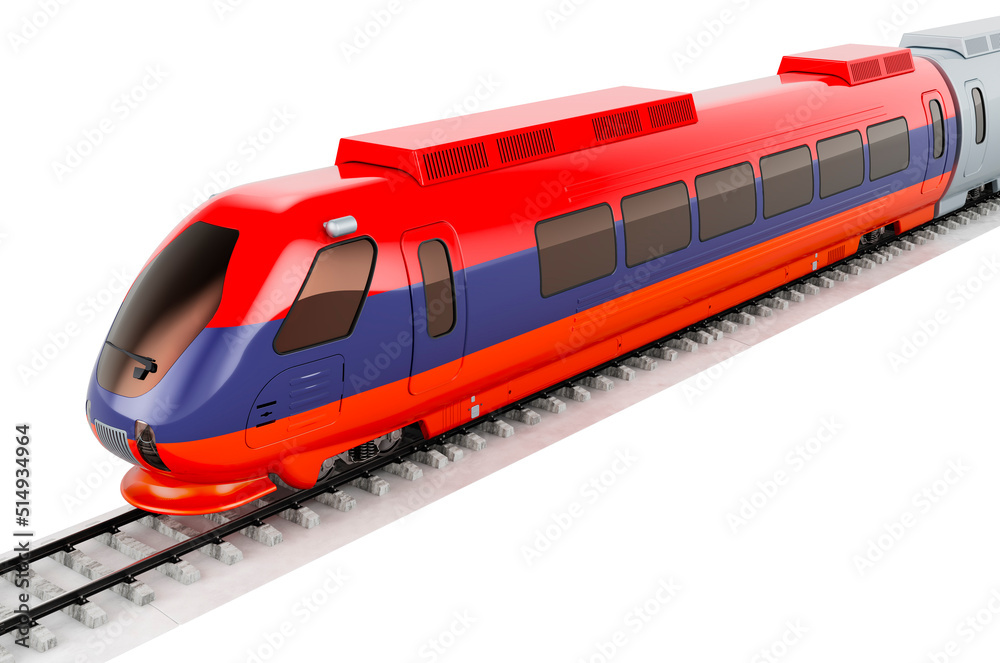 Armenian flag painted on the high speed train. Rail travel in the Armenia, concept. 3D rendering