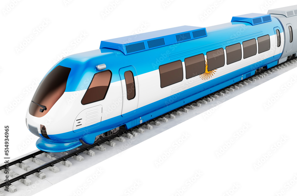 Fototapeta premium Argentinean flag painted on the high speed train. Rail travel in the Argentina, concept. 3D rendering