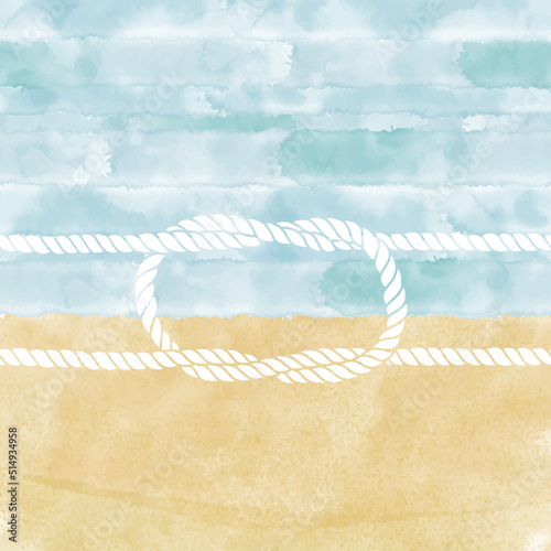 Vector background with hand-drawn watercolor waves, beach sand and knot. Illustration with space for text, can be used creating card or invitation card. Creative frame on the marine theme.