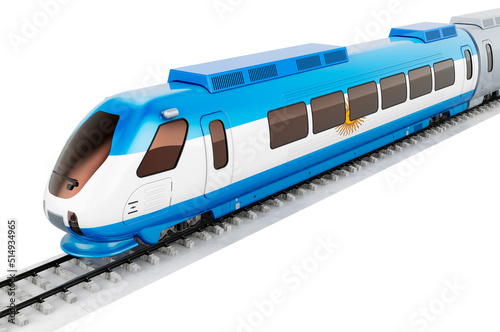 Argentinean flag painted on the high speed train. Rail travel in the Argentina, concept. 3D rendering