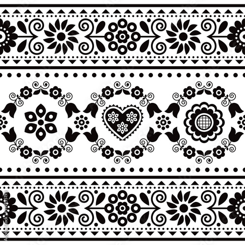 Polish ethnic vector seamless embroidery pattern with floral motif inspired by folk art embroidery Lachy Sadeckie - textile or fabric print black and white ornament
	