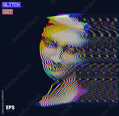 Vector glitch art in RGB offset colored oscillator line halftone illustration from 3D rendering of  female classical head sculpture on black background.