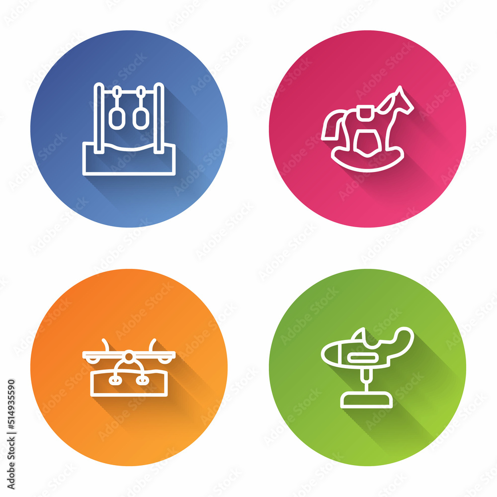 Set line Gymnastic rings, Horse saddle swing, Seesaw and Swing plane. Color circle button. Vector