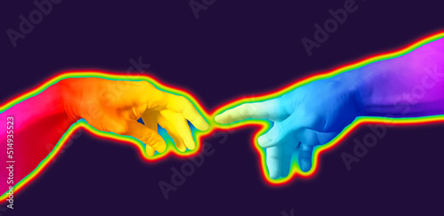 Billede på lærred Reaching hands concept illustration in rainbow LGBT glowing bright colors isolated on dark blue background