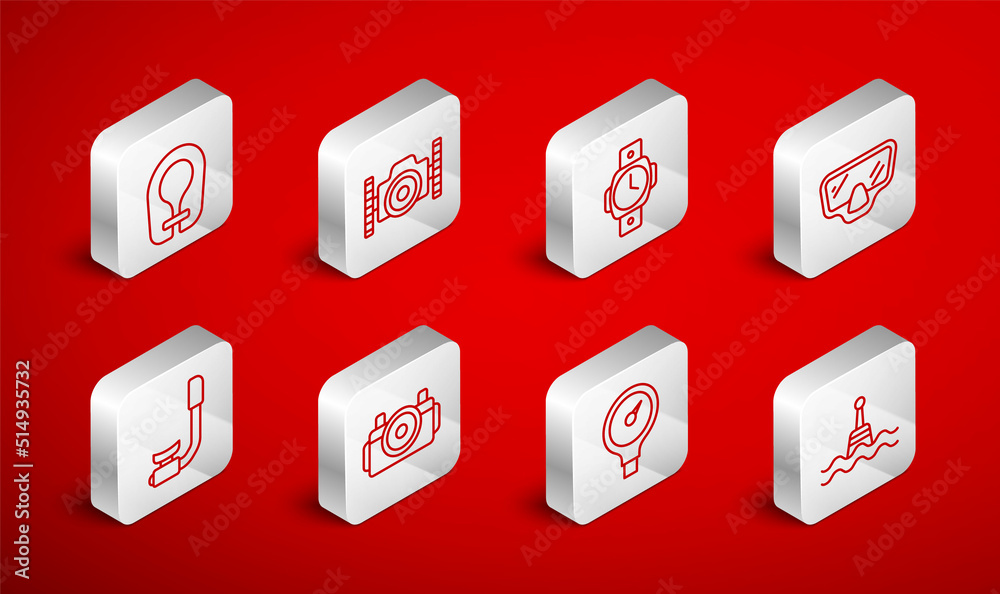 Set line Floating buoy, Photo camera for diver, Diving watch, mask, Gauge scale, Life jacket, and Snorkel icon. Vector Set line Floating buoy, Photo camera for diver, Diving watch, mask, Gauge scale, Life jacket, and Snorkel icon. Vector