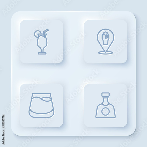 Set line Cocktail, Alcohol or beer bar location, Glass of whiskey and Tequila bottle. White square button. Vector