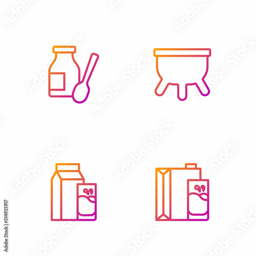 Set line Paper package for milk, kefir, Drinking yogurt in bottle and Udder. Gradient color icons. Vector