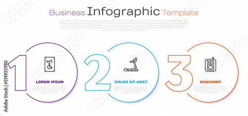 Set line Separated toilet for disabled, Treadmill machine and Press the SOS button. Business infographic template. Vector