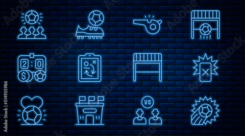 Set line Soccer football ball, Red card, Whistle, Planning strategy concept, Football betting money, goal and shoes icon. Vector