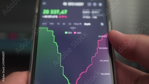 Graph of changes in the price of cryptocurrency on a mobile phone. Business analytics. Investing in electronic money