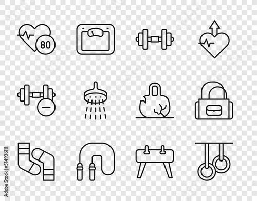 Set line Socks, Gymnastic rings, Dumbbell, Jump rope, Heart rate, Shower, Pommel horse and Sport bag icon. Vector
