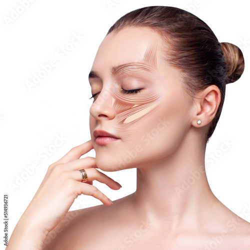 Young woman face with muscles structure under skin.