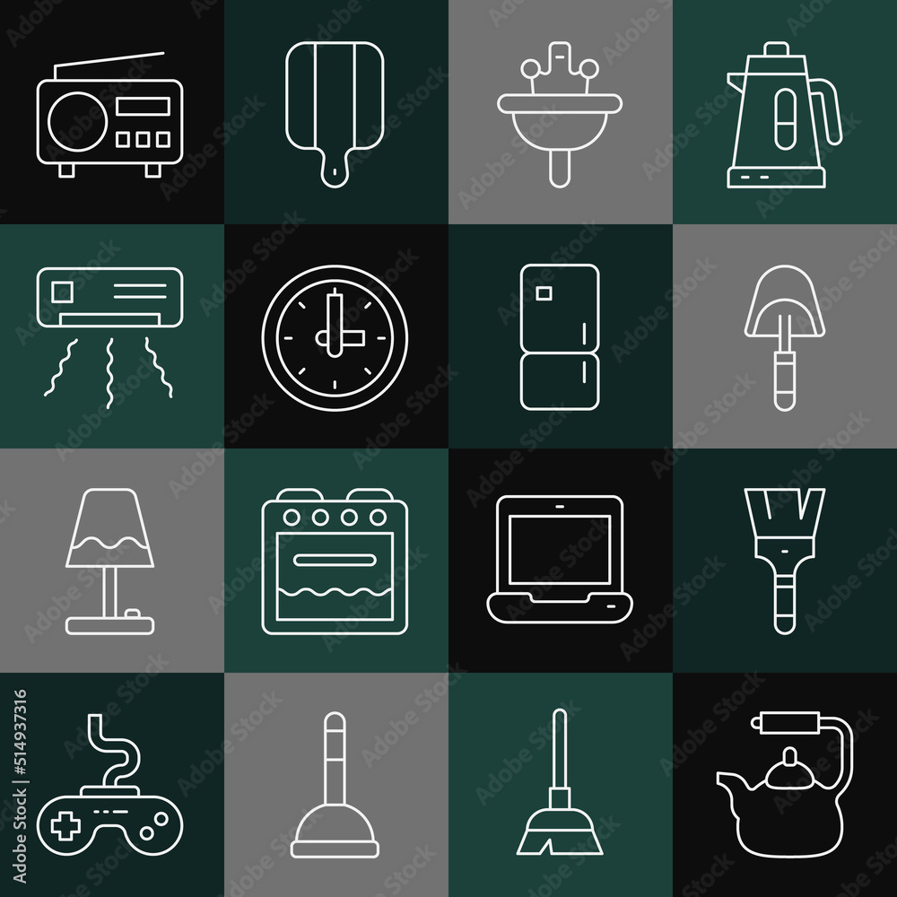 Set line Kettle with handle, Paint brush, Spatula, Washbasin, Clock, Air conditioner, Radio and Refrigerator icon. Vector Set line Kettle with handle, Paint brush, Spatula, Washbasin, Clock, Air conditioner, Radio and Refrigerator icon. Vector