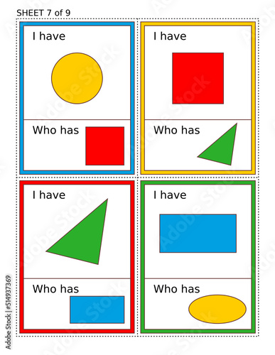 Educational math game for kids - I Have Who Has. One sheet of nine. Learn or reinforce basic shapes and colors. 