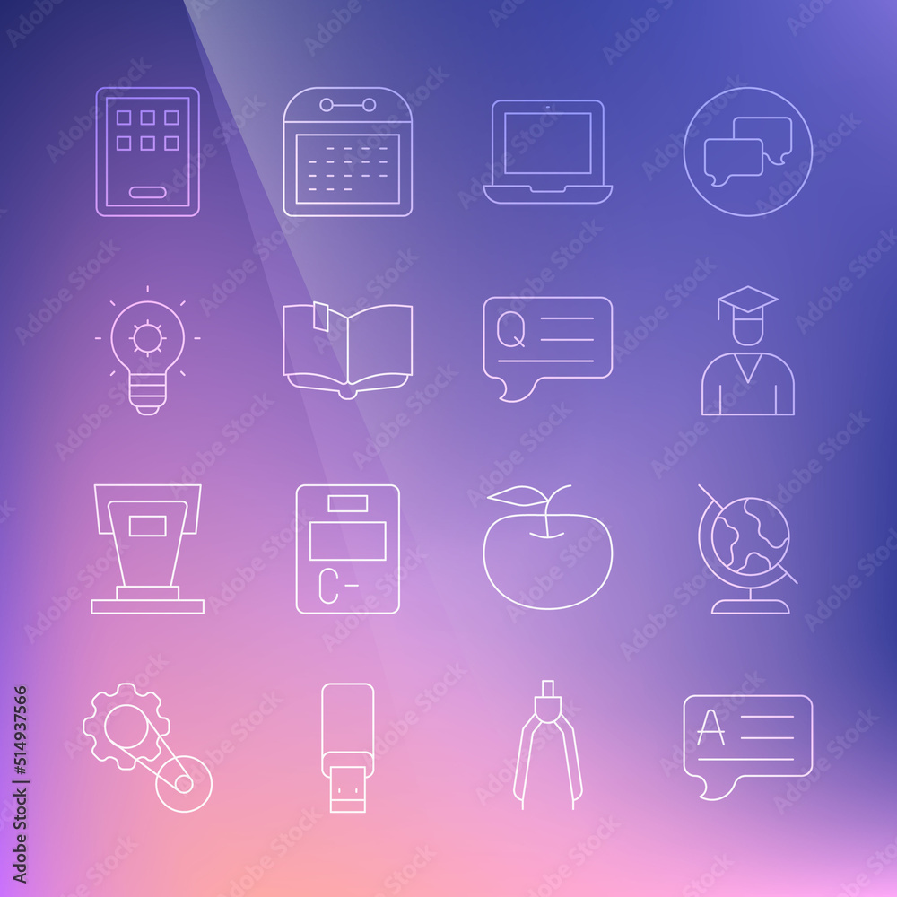 Set line Speech bubbles with Answer, Earth globe, Graduate and graduation cap, Laptop, Open book, Light bulb, Graphic tablet and Question icon. Vector Set line Speech bubbles with Answer, Earth globe, Graduate and graduation cap, Laptop, Open book, Light bulb, Graphic tablet and Question icon. Vector