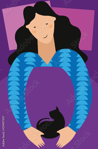 A woman in bed with a black cat