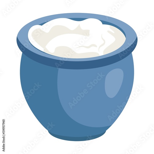 Milk food. Bowl with curd, slice of cheese, yogurt cup, butter brick, sour cream in pot. Vector illustration for dairy product
