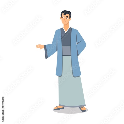 Chinese man character in traditional clothes vector illustration. Japanese or Chinese people wearing kimonos, national costumes isolated on white