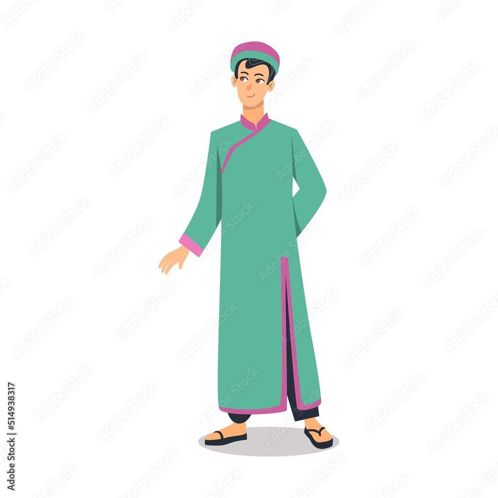 Asian man character in traditional clothes vector illustration. Japanese or Chinese people wearing kimonos, national costumes isolated on white