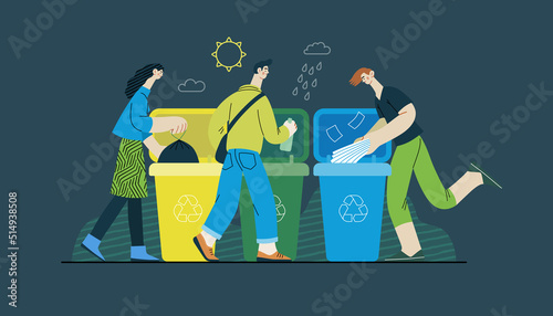 Ecology - Waste sorting -Modern flat vector concept illustration of people putting a plastic, paper and glass into the garbage container for sorted waste. Creative landing web page template