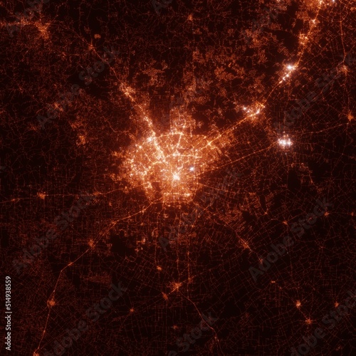 San Antonio city lights map, top view from space. Aerial view on night street lights. Global networking, cyberspace