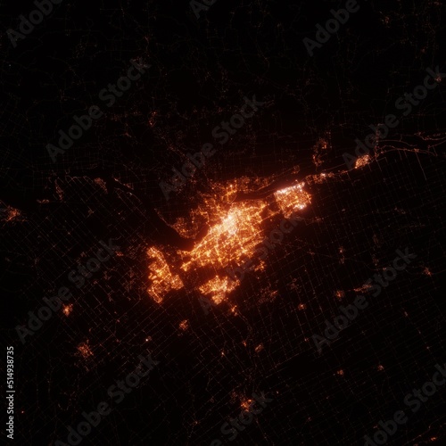 Ottawa city lights map, top view from space. Aerial view on night street lights. Global networking, cyberspace