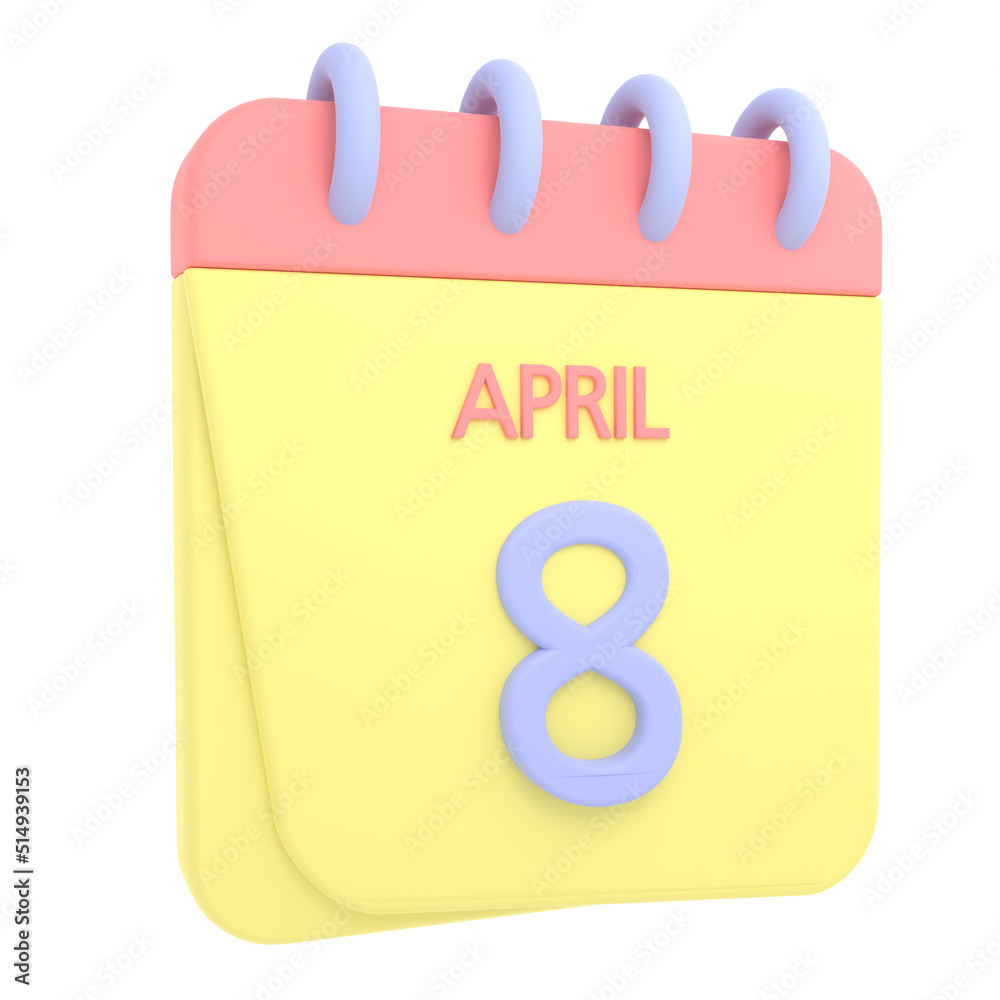 8th April 3D calendar icon. Web style. High resolution image. White background 8th April 3D calendar icon. Web style. High resolution image. White background