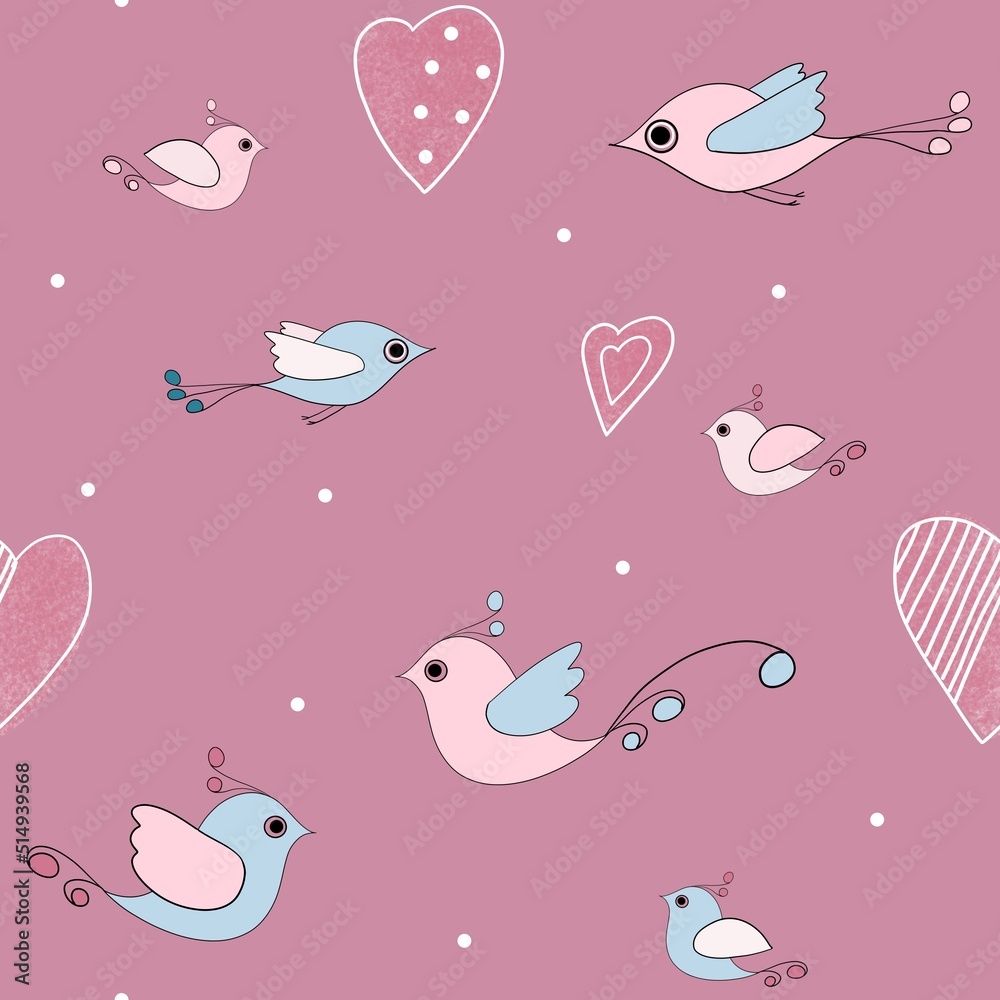 cute, delicate drawing of birds and hearts in pink and blue tones, an endless background for fashionable design of textile fabrics for babies and newborns? printing on textiles or web wallpapers