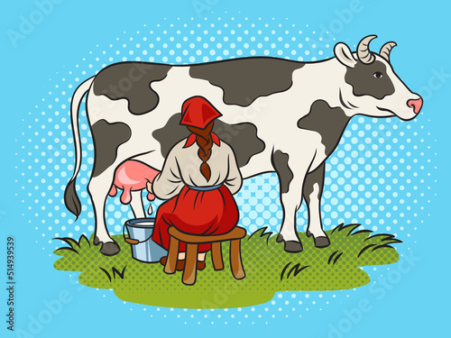 milkmaid milking cow pop art retro raster illustration. Comic book style imitation. photo