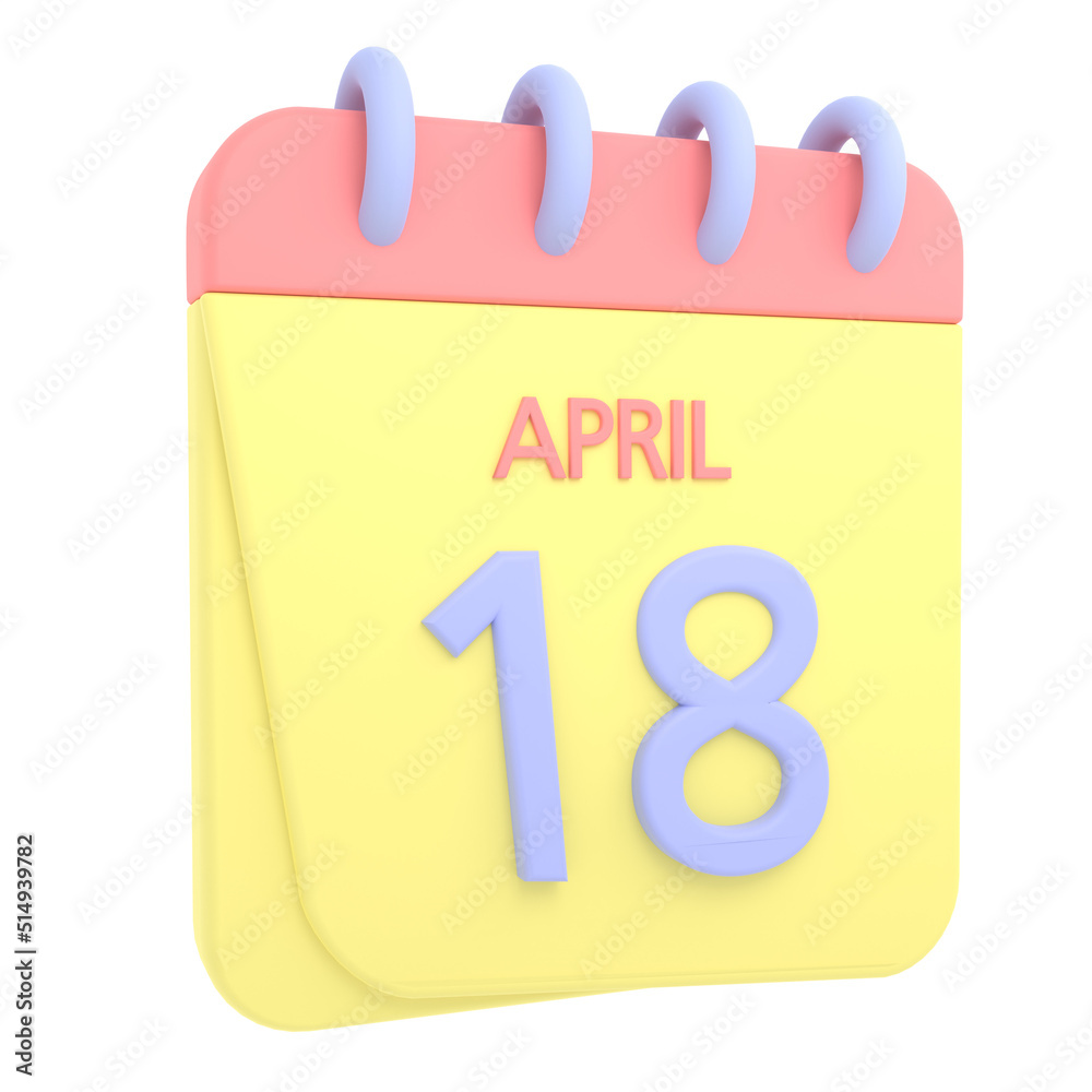 18th April 3D calendar icon. Web style. High resolution image. White background 18th April 3D calendar icon. Web style. High resolution image. White background