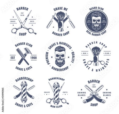 Barber shop labels. Gentleman stickers hairdresser blade haircut symbols for barber store exact vector templates with place for text