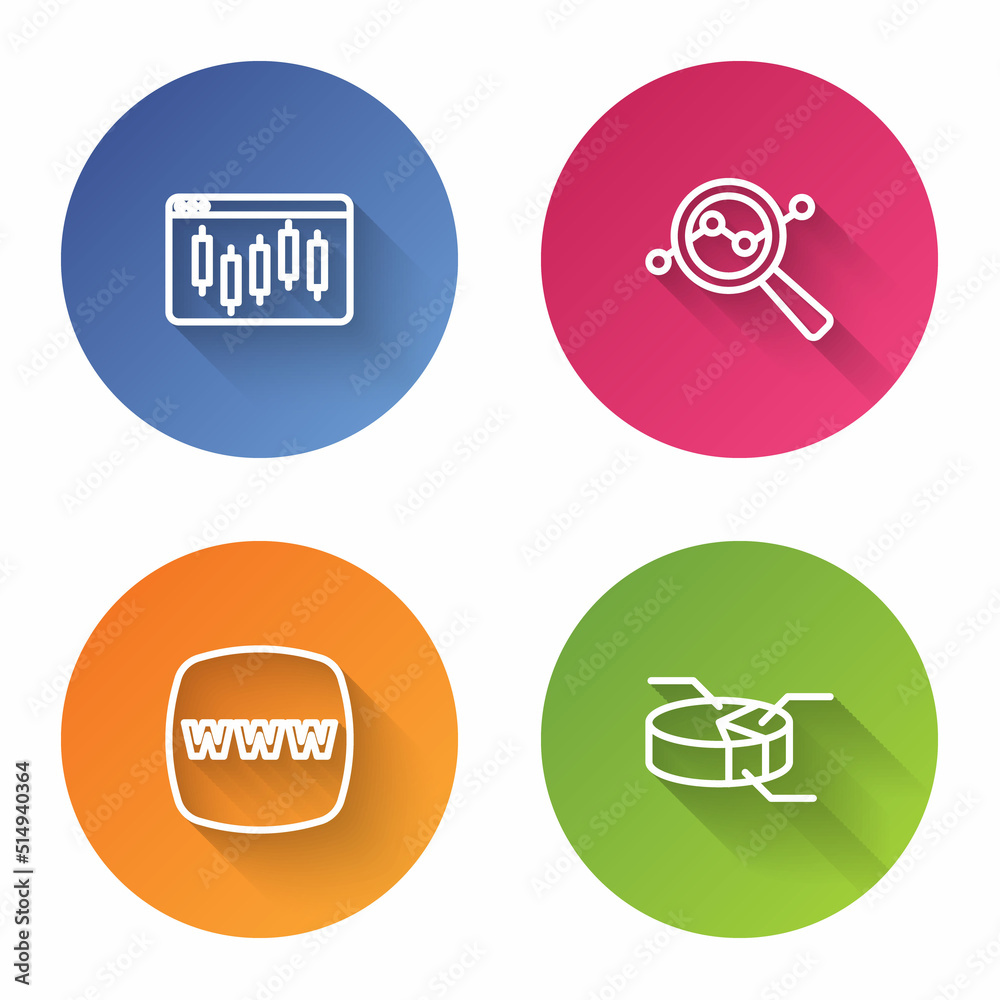 Set line Browser with stocks market, Search data analysis, Website template and Pie chart infographic. Color circle button. Vector Set line Browser with stocks market, Search data analysis, Website template and Pie chart infographic. Color circle button. Vector