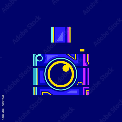 Camera cyberpunk logo line pop art portrait fiction colorful design with dark background. 