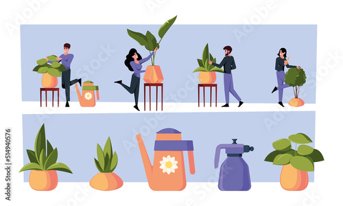 Home plants care. People growing home plants garden hobby garish vector illustrations set