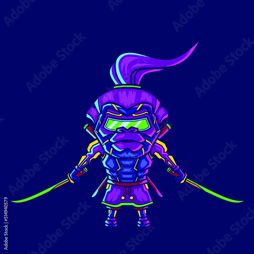 Samurai cyberpunk logo line pop art portrait fiction colorful design with dark background. 