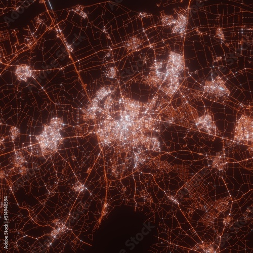 Breda city lights map, top view from space. Aerial view on night street lights. Global networking, cyberspace